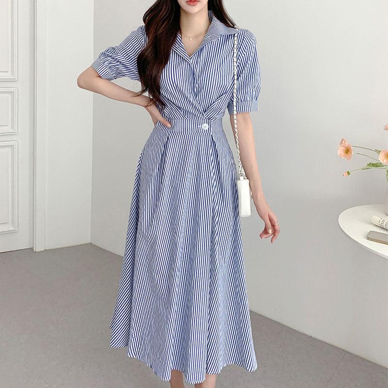 Lapel Button Waist-tight Slimming Puff Sleeve Striped Shirt Dress - Nioor