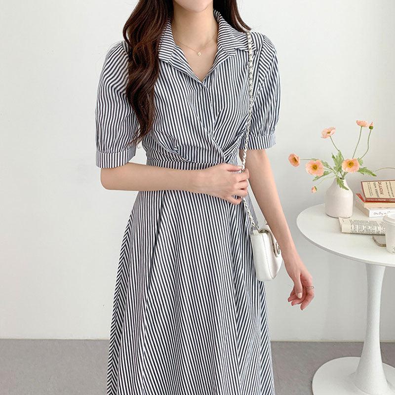 Lapel Button Waist-tight Slimming Puff Sleeve Striped Shirt Dress - Nioor