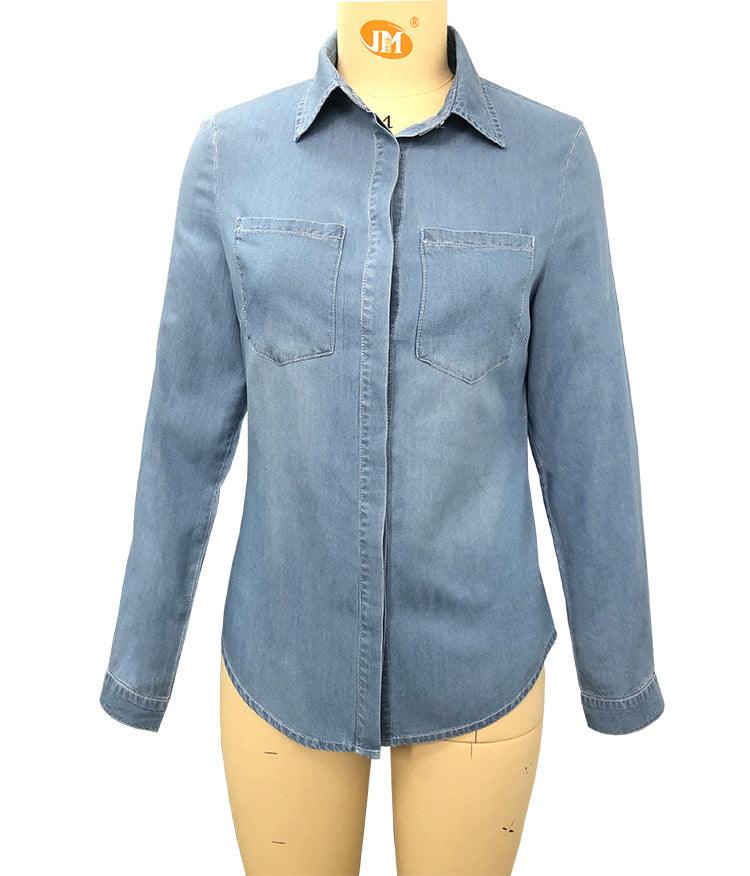 Lapel Denim Shirt Washed Retro Slim Top - Nioor