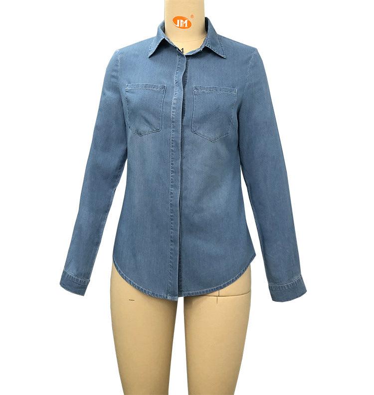 Lapel Denim Shirt Washed Retro Slim Top - Nioor