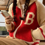 Lapel Embroidery Letter Design Loose All-match Long-sleeved Knitted Sweater - Nioor