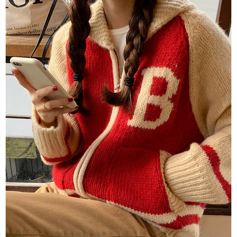 Lapel Embroidery Letter Design Loose All-match Long-sleeved Knitted Sweater - Nioor