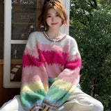 Large Contrast Rainbow Stripe Pullover Sweater For Women Loose And Versatile - Nioor