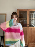 Large Contrast Rainbow Stripe Pullover Sweater For Women Loose And Versatile - Nioor