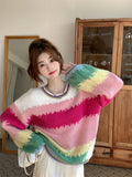 Large Contrast Rainbow Stripe Pullover Sweater For Women Loose And Versatile - Nioor