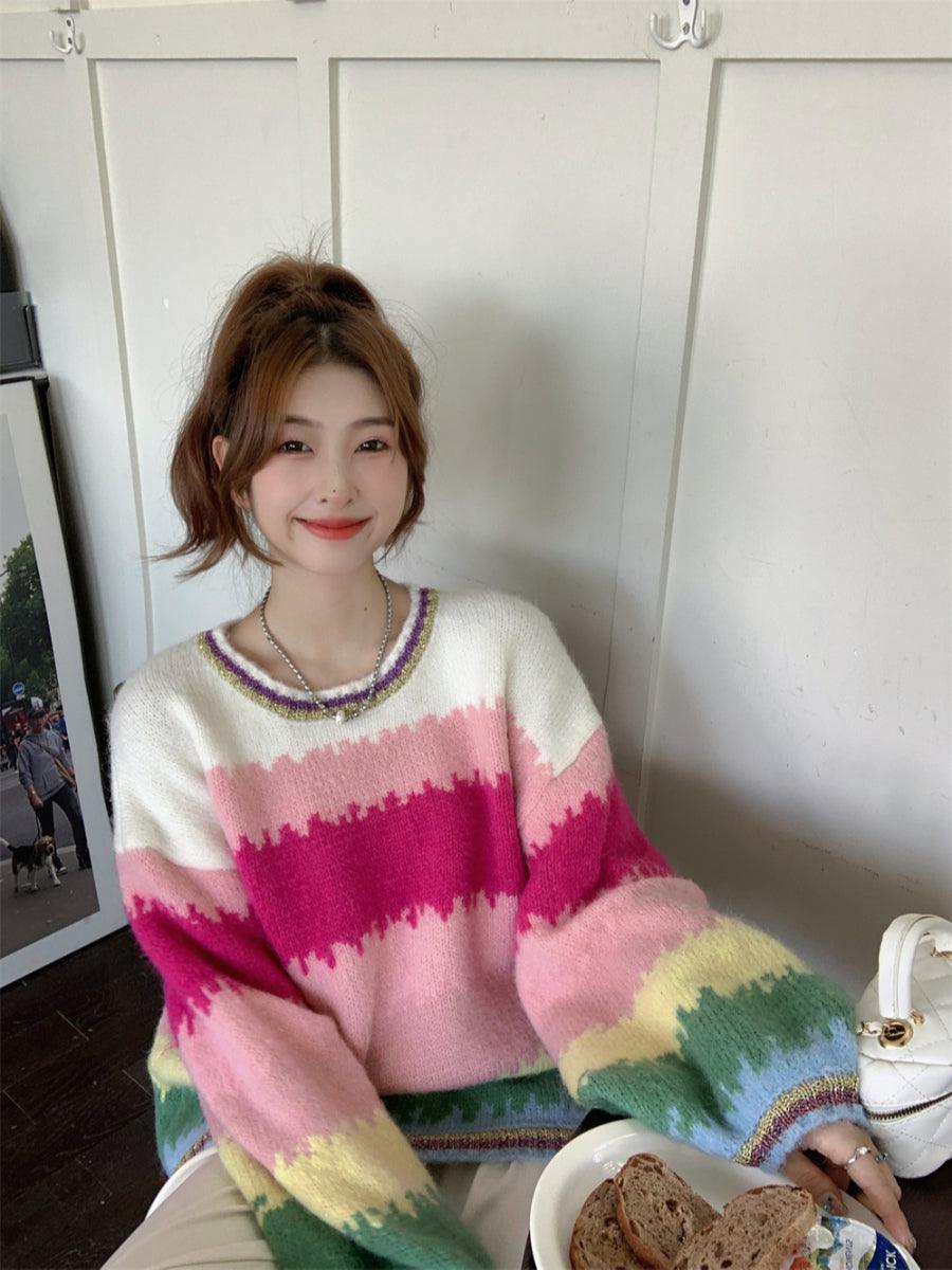 Large Contrast Rainbow Stripe Pullover Sweater For Women Loose And Versatile - Nioor