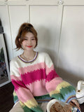 Large Contrast Rainbow Stripe Pullover Sweater For Women Loose And Versatile - Nioor