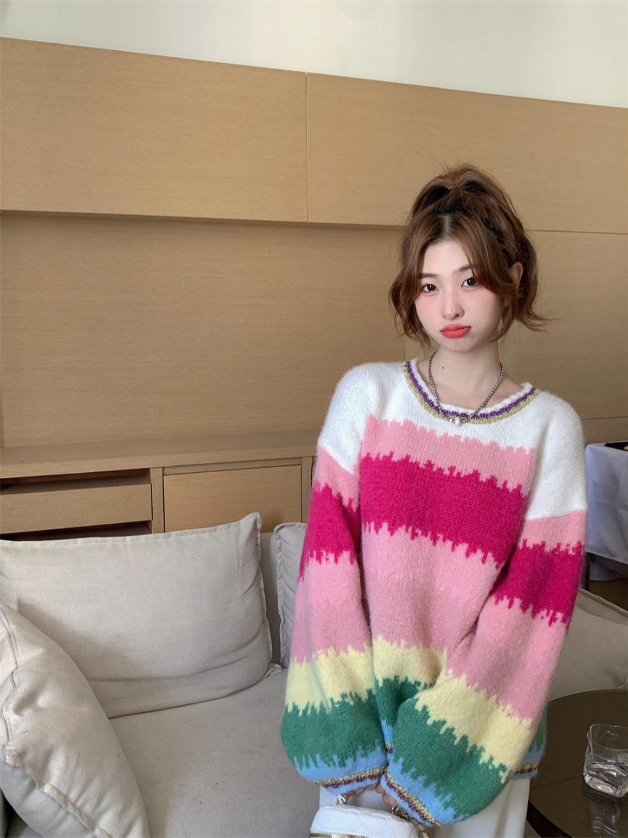 Large Contrast Rainbow Stripe Pullover Sweater For Women Loose And Versatile - Nioor