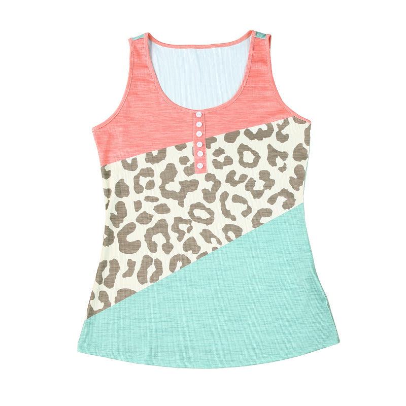 Leopard Print Color Block Button Casual Vest Women's Slim Top - Nioor