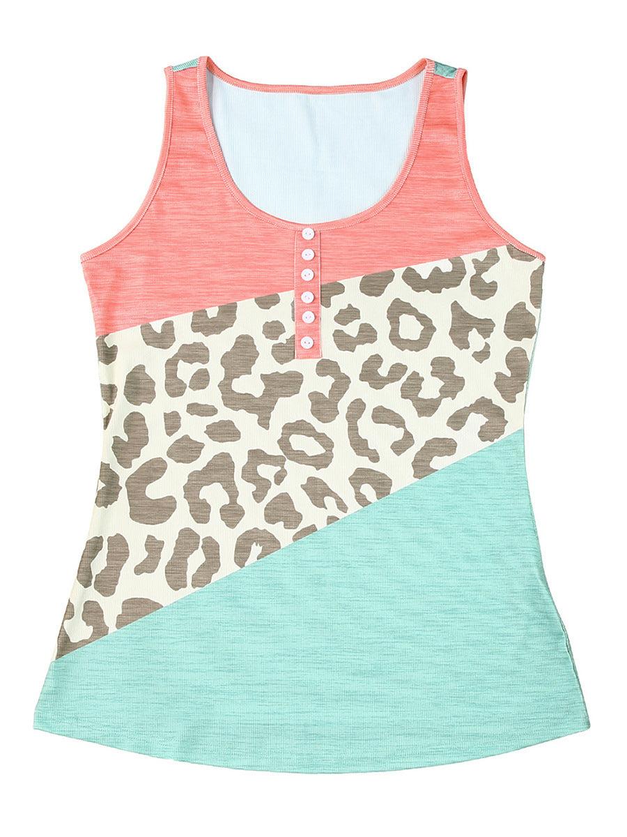 Leopard Print Color Block Button Casual Vest Women's Slim Top - Nioor