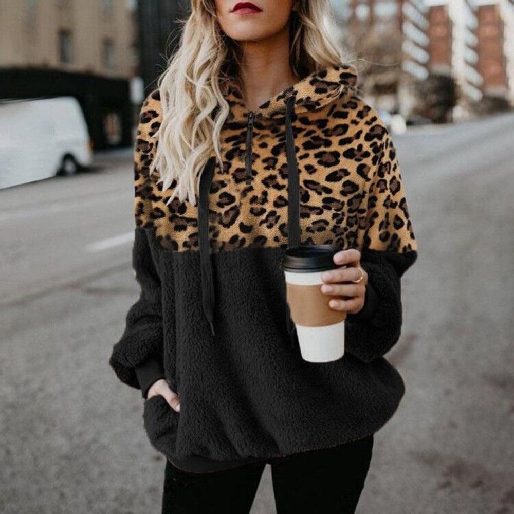 Leopard Print Hooded Sweater Loose Fall Winter Women Clothes - Nioor