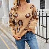 Leopard V-neck Bottomed Sweater Women's Sweater Long Sleeve - Nioor