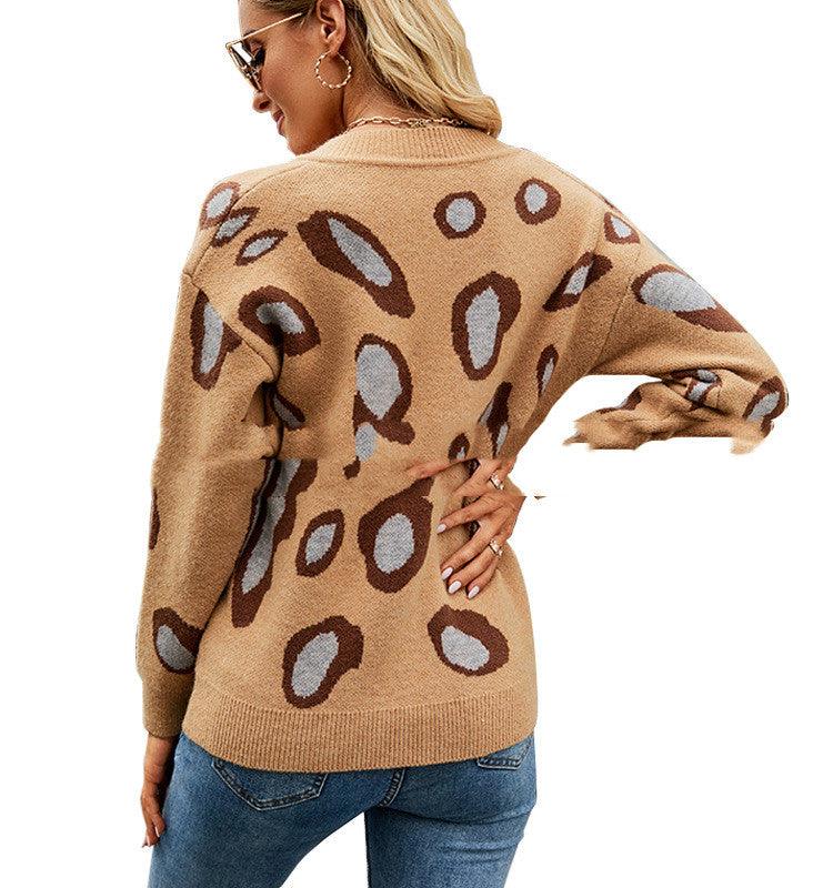 Leopard V-neck Bottomed Sweater Women's Sweater Long Sleeve - Nioor