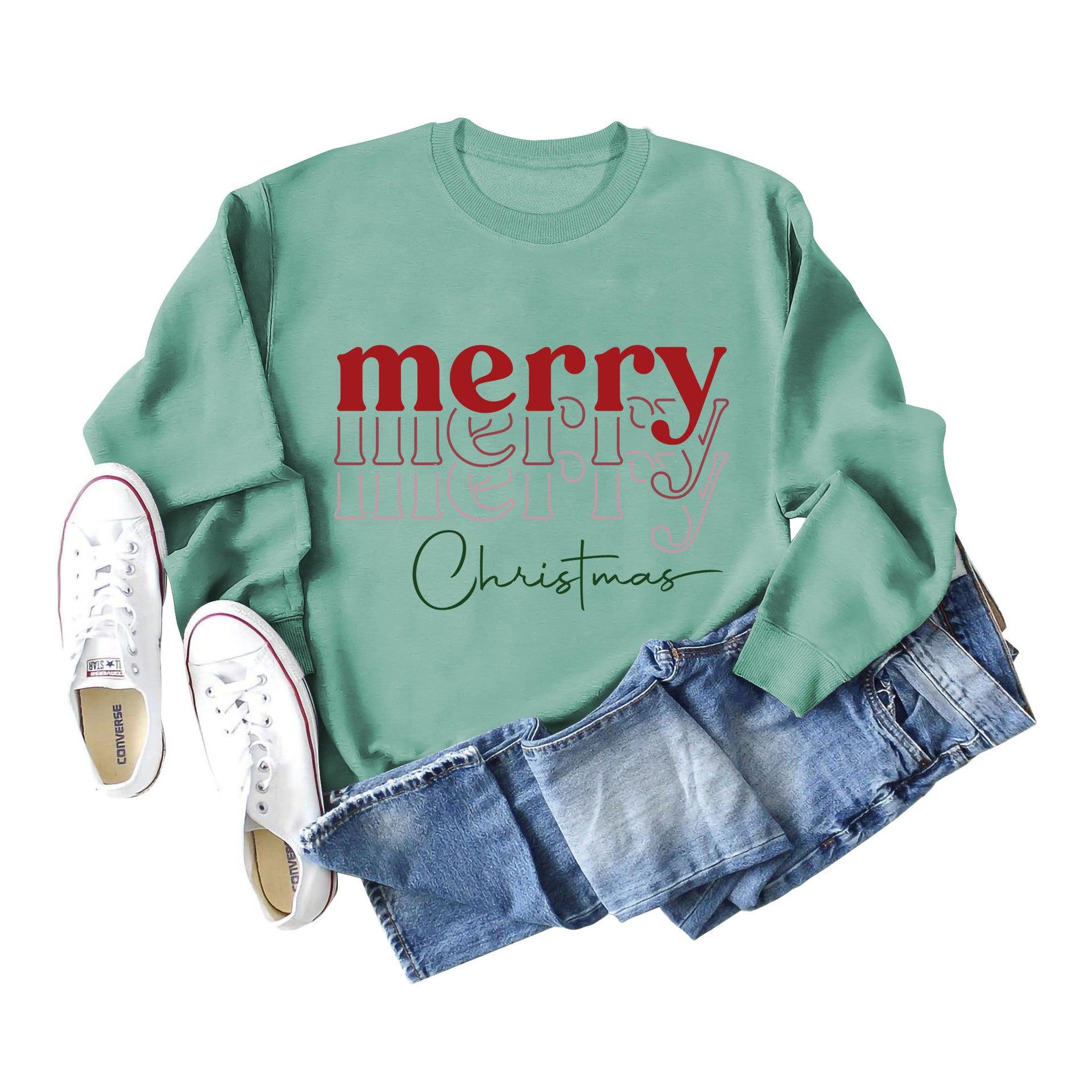 Letter Round Neck Christmas Loose Long Sleeve Sweater Girl - Nioor