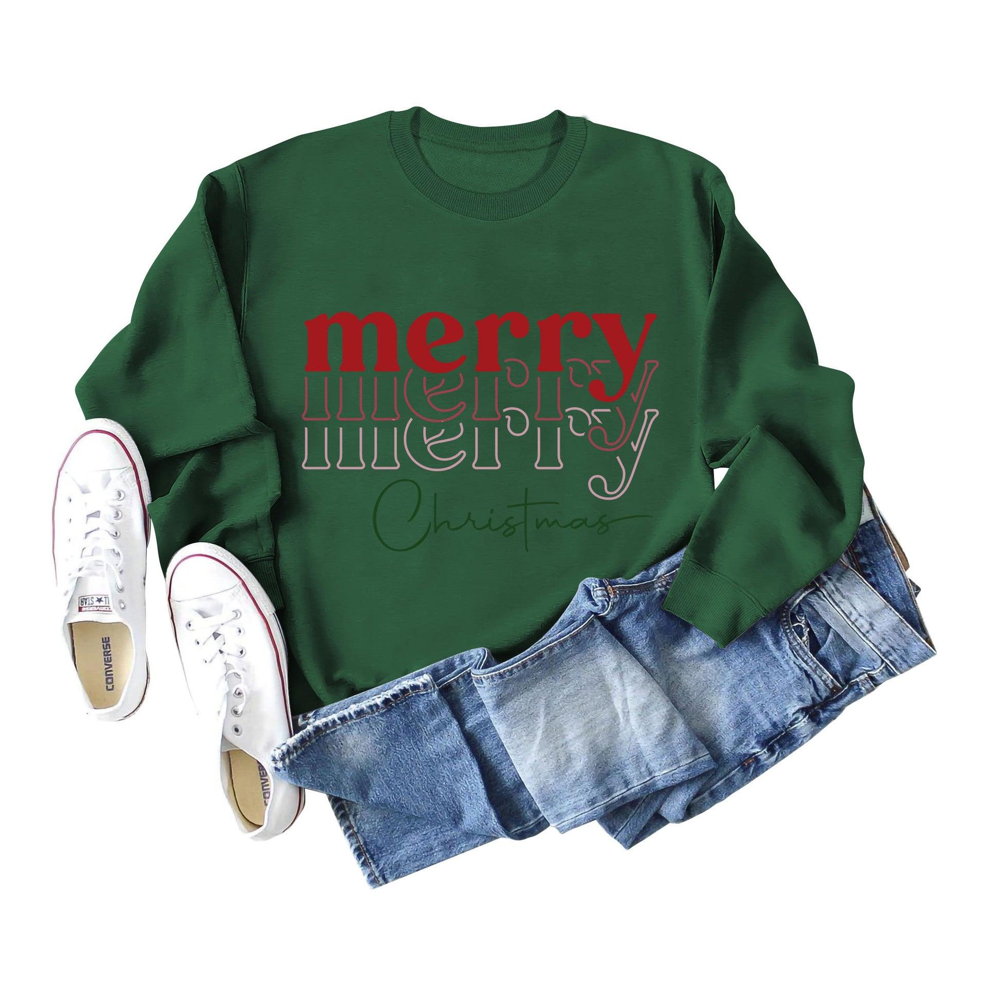 Letter Round Neck Christmas Loose Long Sleeve Sweater Girl - Nioor