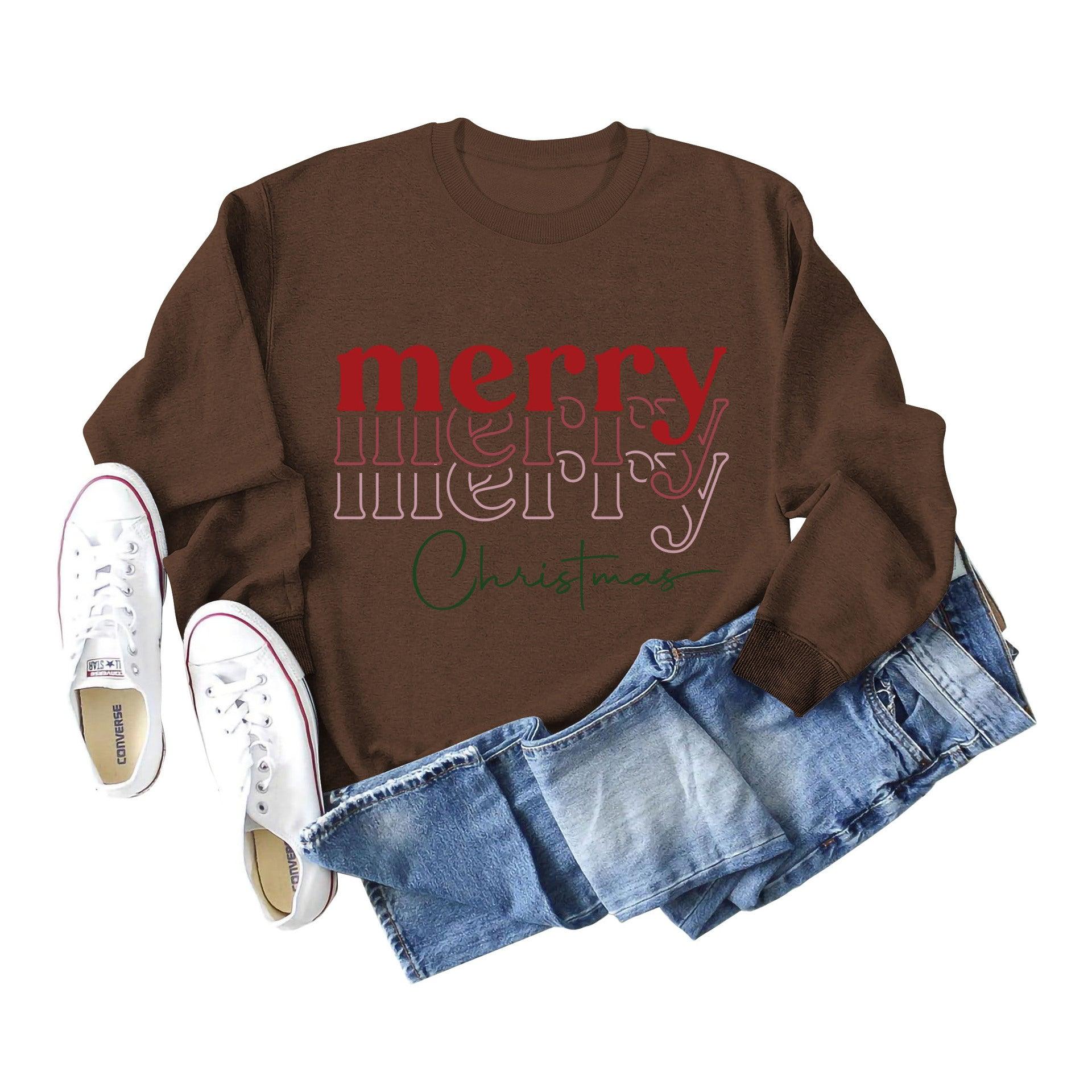 Letter Round Neck Christmas Loose Long Sleeve Sweater Girl - Nioor