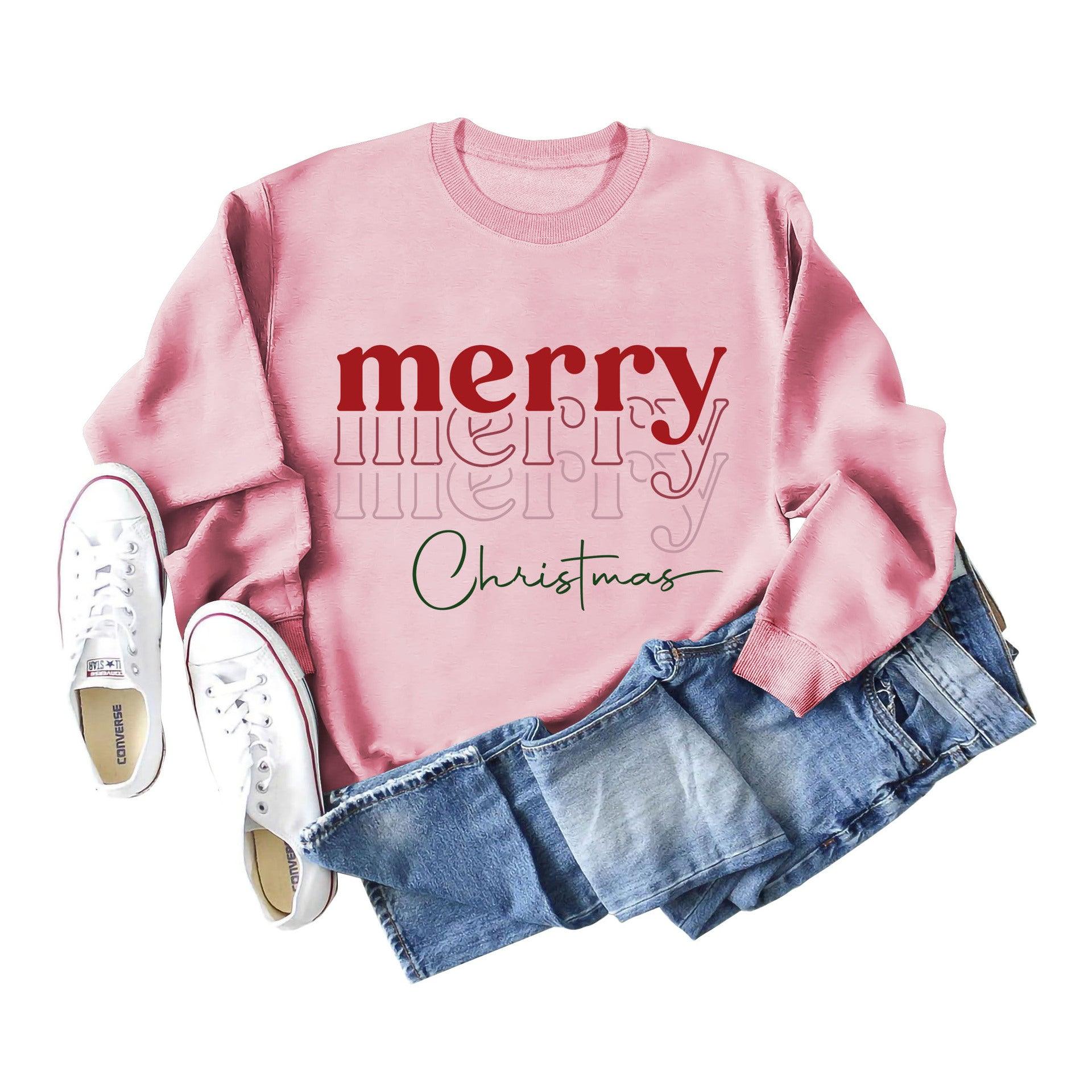 Letter Round Neck Christmas Loose Long Sleeve Sweater Girl - Nioor