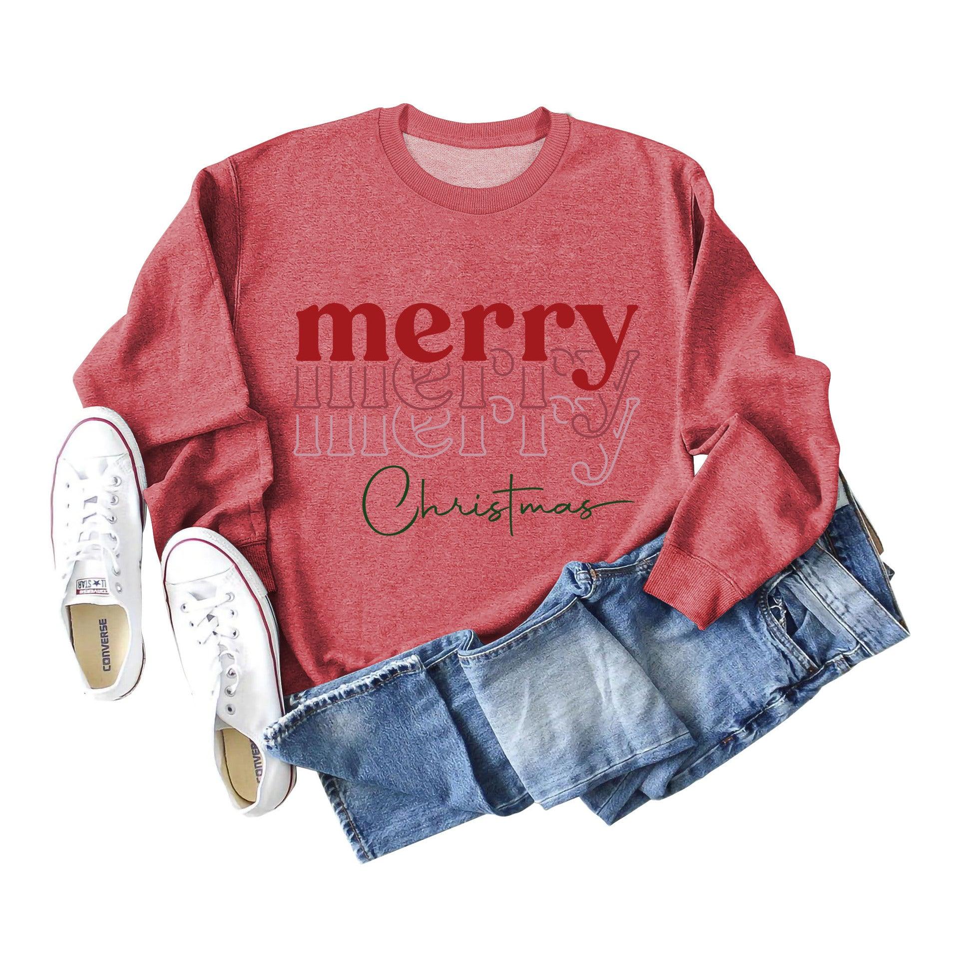 Letter Round Neck Christmas Loose Long Sleeve Sweater Girl - Nioor