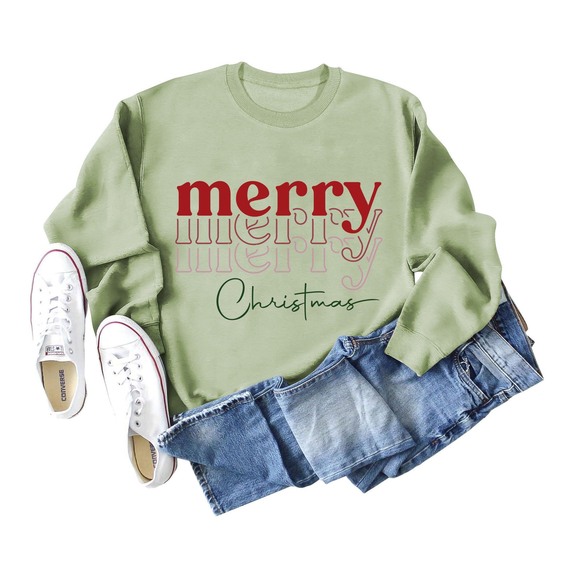 Letter Round Neck Christmas Loose Long Sleeve Sweater Girl - Nioor