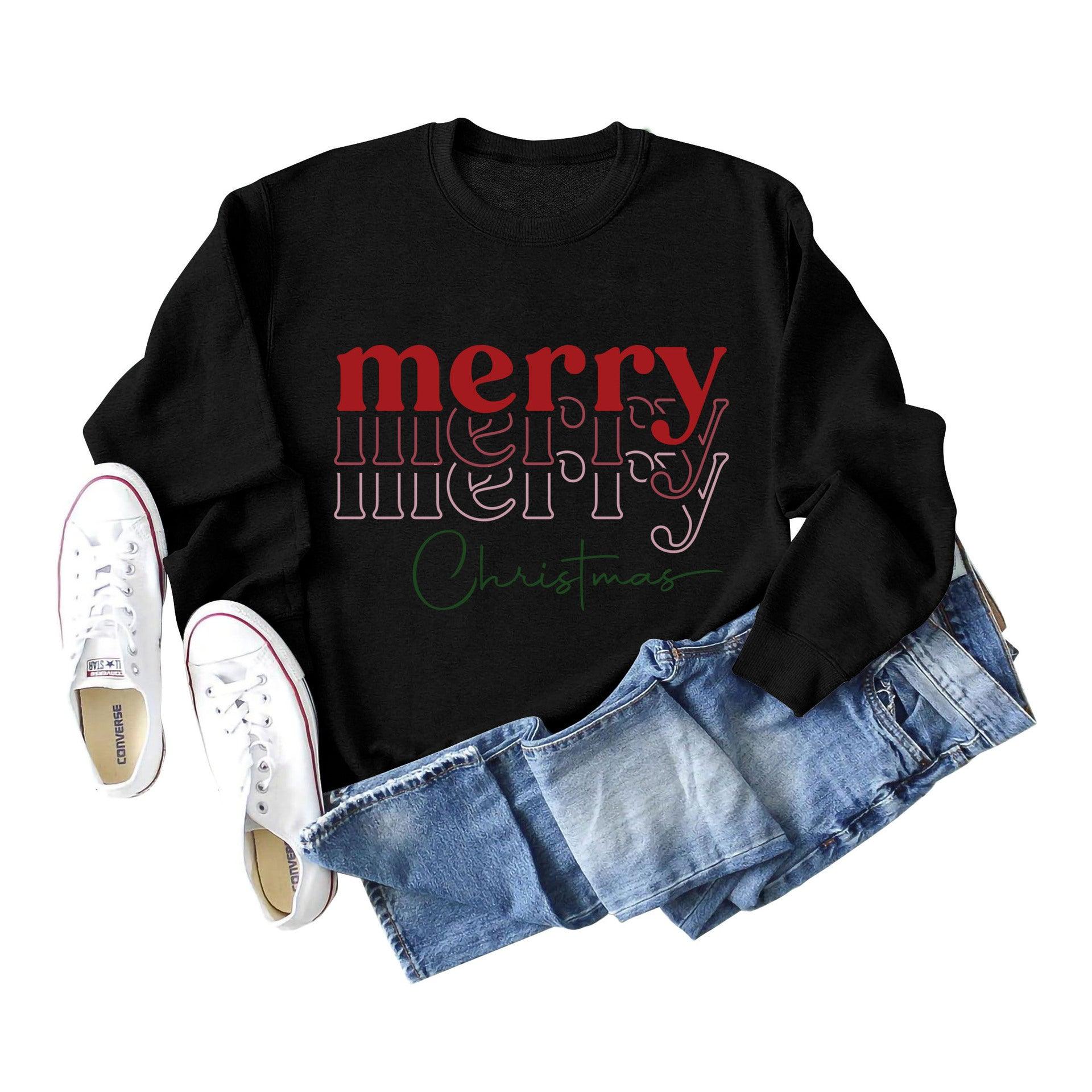 Letter Round Neck Christmas Loose Long Sleeve Sweater Girl - Nioor