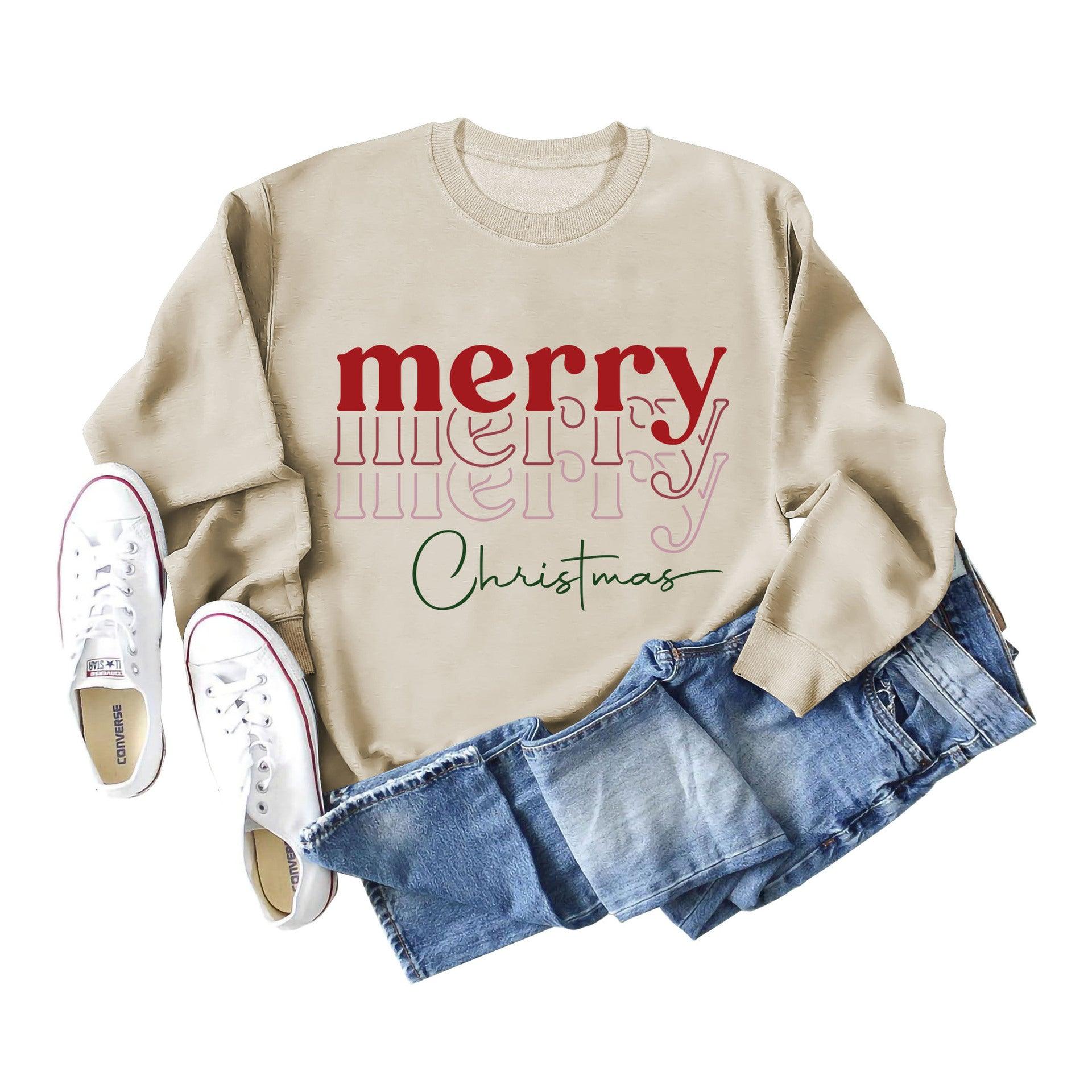 Letter Round Neck Christmas Loose Long Sleeve Sweater Girl - Nioor