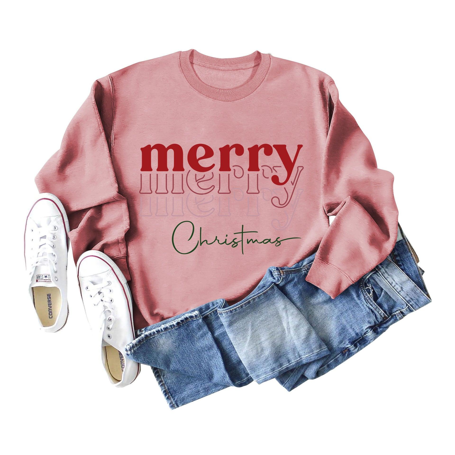 Letter Round Neck Christmas Loose Long Sleeve Sweater Girl - Nioor