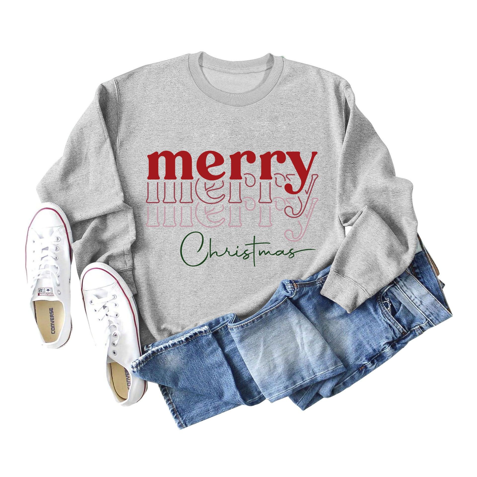 Letter Round Neck Christmas Loose Long Sleeve Sweater Girl - Nioor