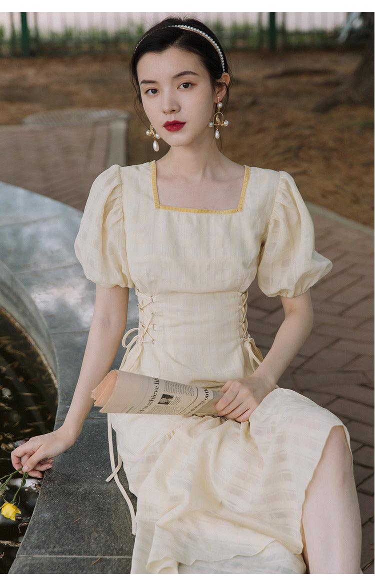 Light Yellow Fishtail Skirt Puff Short Sleeve Square Collar Lady Retro Waist-controlled Self-tie Dress - Nioor