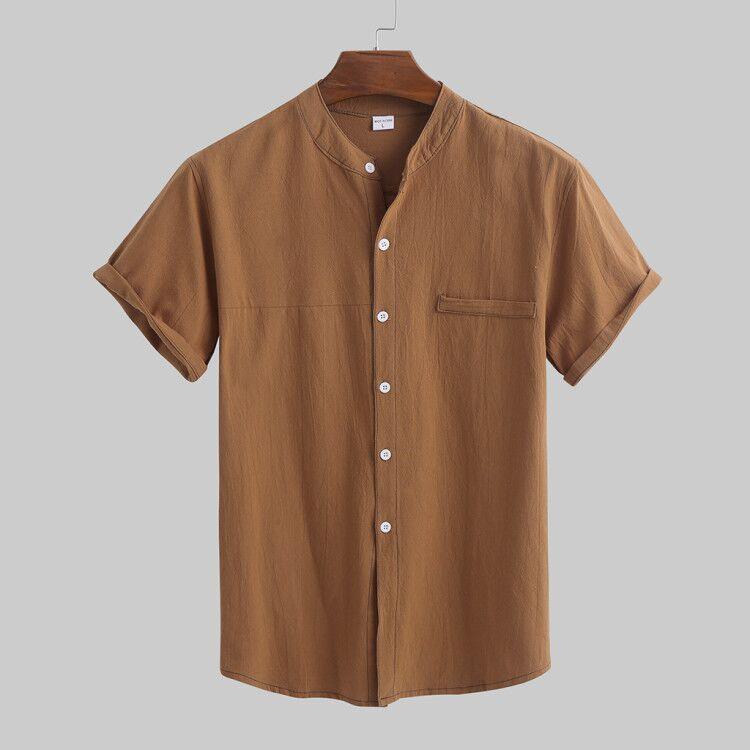 Linen Shirt Men's Short Sleeved Standing Collar - Nioor