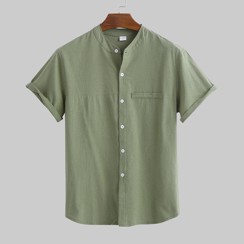 Linen Shirt Men's Short Sleeved Standing Collar - Nioor