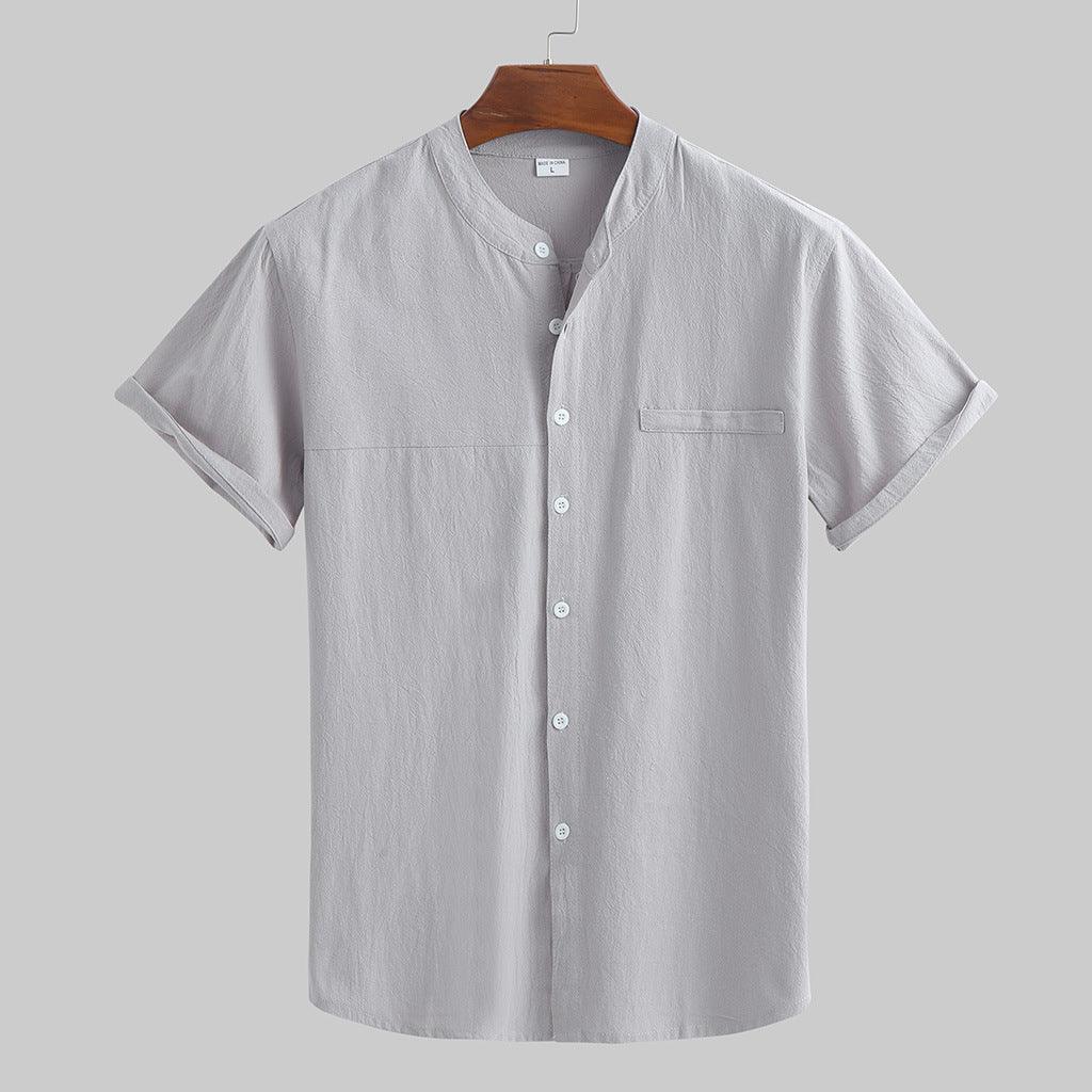 Linen Shirt Men's Short Sleeved Standing Collar - Nioor