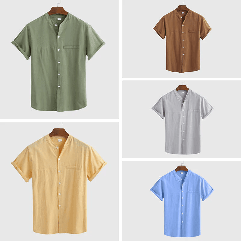 Linen Shirt Men's Short Sleeved Standing Collar - Nioor