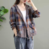 Literary Original Cotton Hooded Plaid Jacket - Nioor