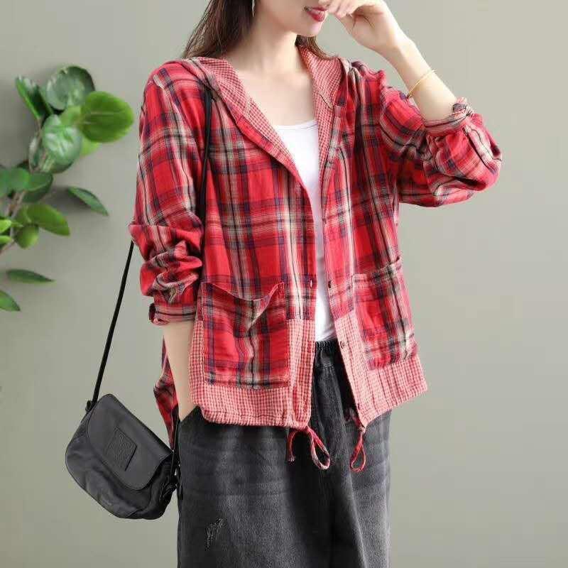 Literary Original Cotton Hooded Plaid Jacket - Nioor