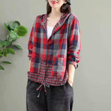 Literary Original Cotton Hooded Plaid Jacket - Nioor