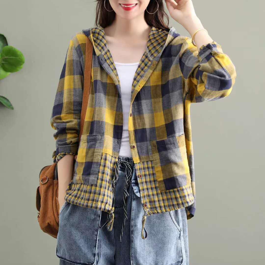 Literary Original Cotton Hooded Plaid Jacket - Nioor