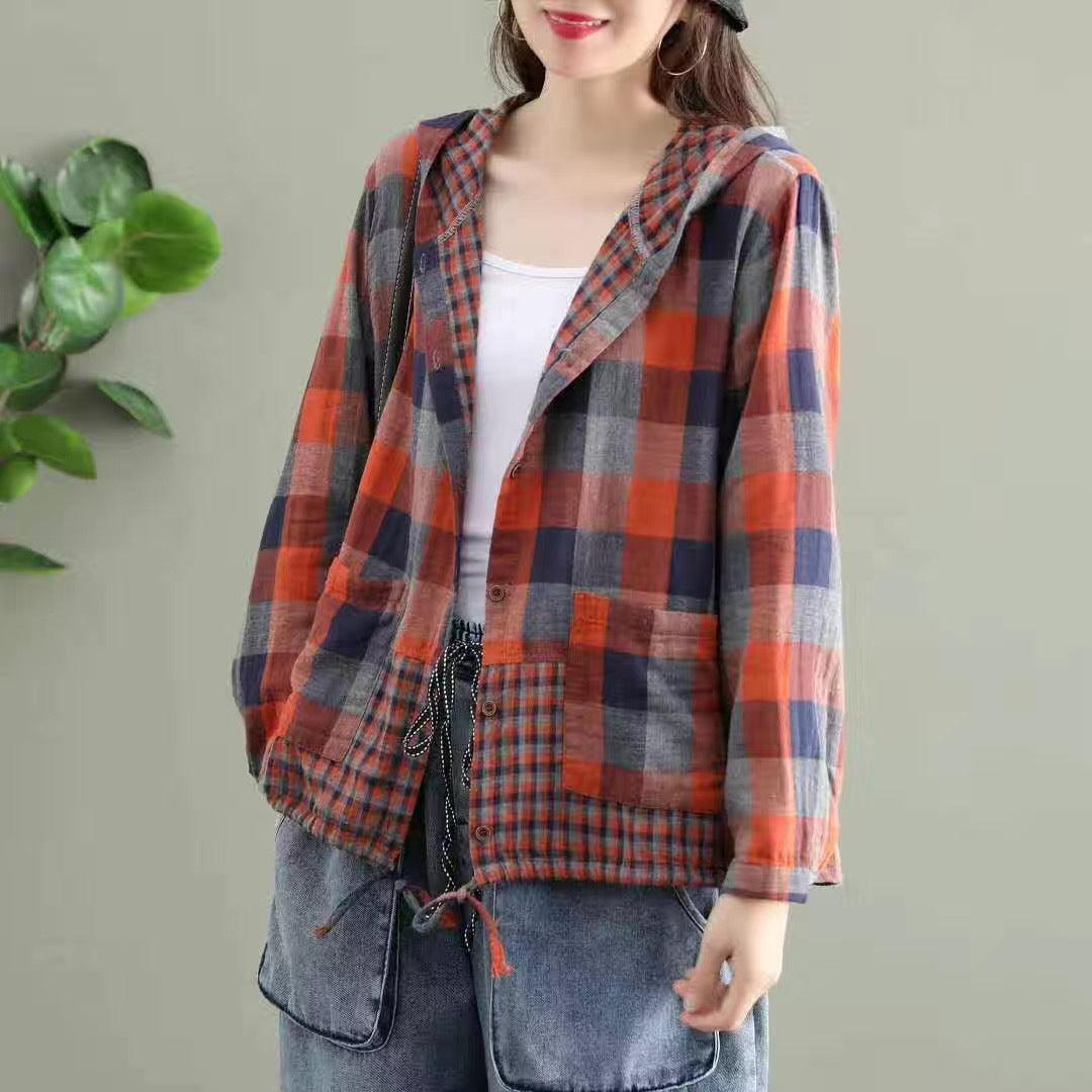 Literary Original Cotton Hooded Plaid Jacket - Nioor