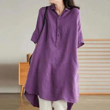 Literary Solid Color Linen Mid-length Shirt - Nioor