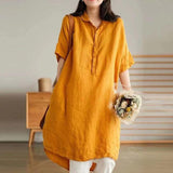 Literary Solid Color Linen Mid-length Shirt - Nioor