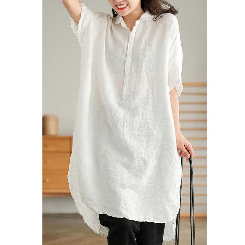 Literary Solid Color Linen Mid-length Shirt - Nioor