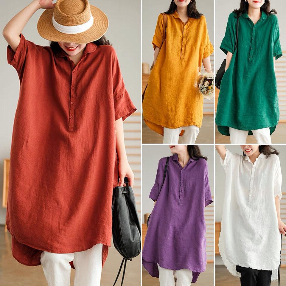 Literary Solid Color Linen Mid-length Shirt - Nioor