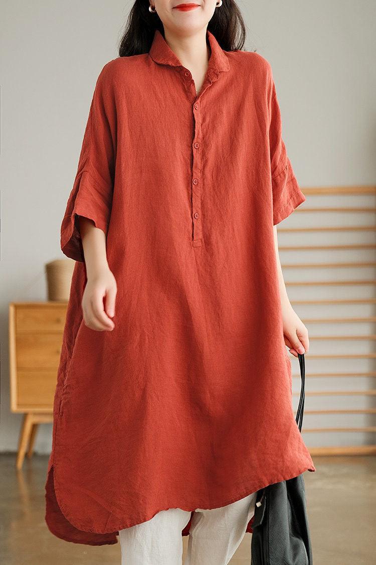 Literary Solid Color Linen Mid-length Shirt - Nioor