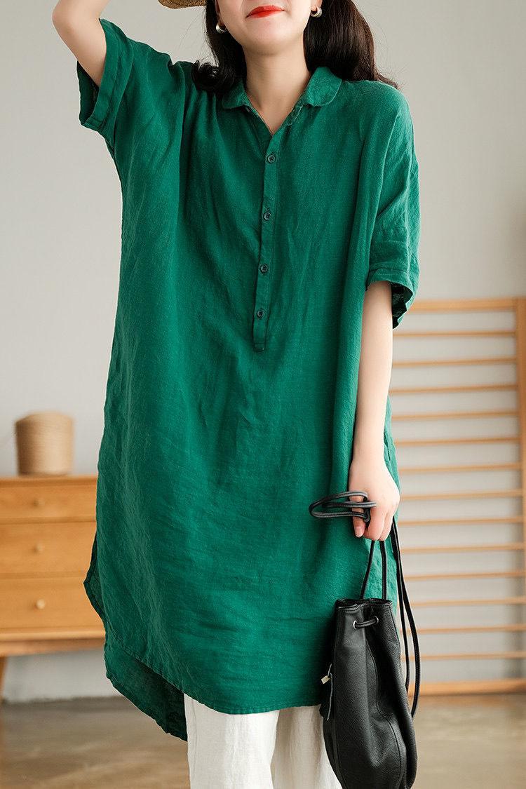 Literary Solid Color Linen Mid-length Shirt - Nioor