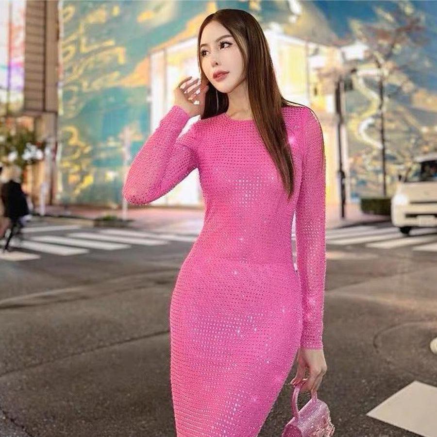 Long Sleeve Heavy Industry Sparkling Full Rhinestone Sheath Tight Elegant Dress - Nioor