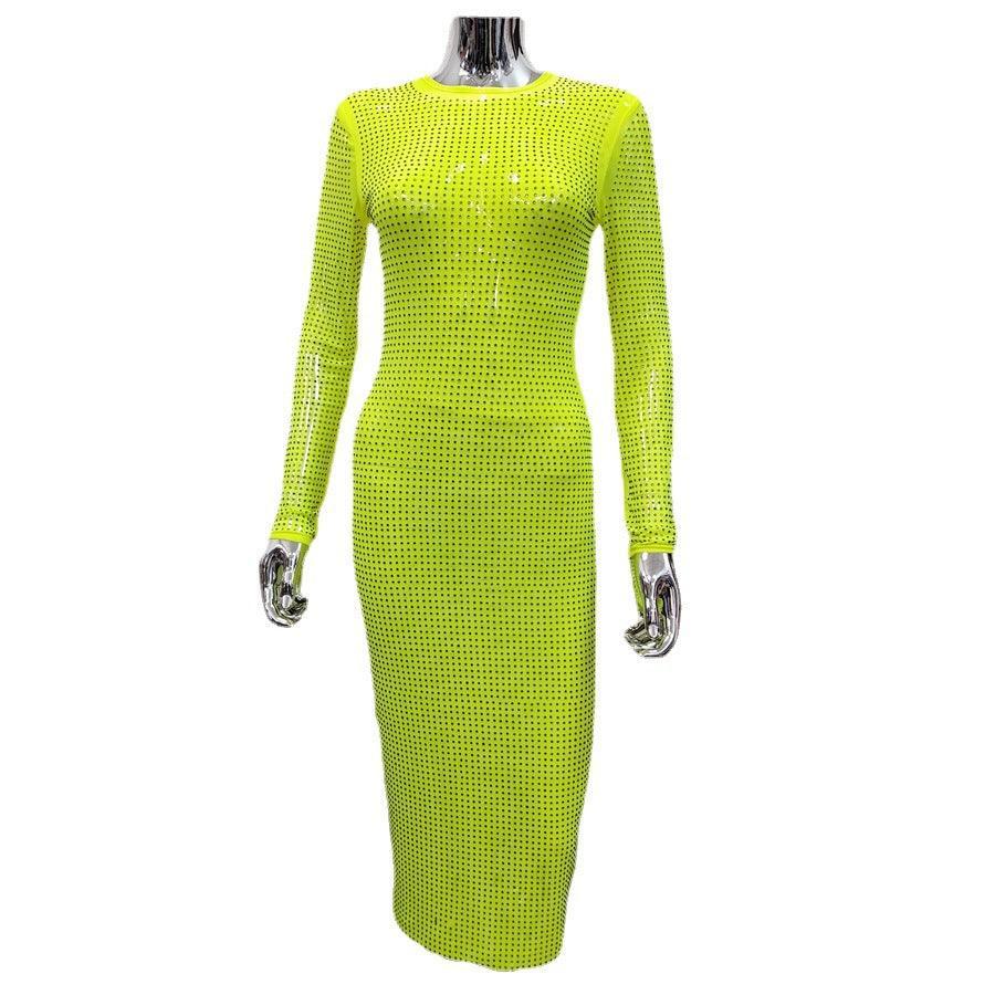 Long Sleeve Heavy Industry Sparkling Full Rhinestone Sheath Tight Elegant Dress - Nioor