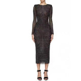 Long Sleeve Heavy Industry Sparkling Full Rhinestone Sheath Tight Elegant Dress - Nioor