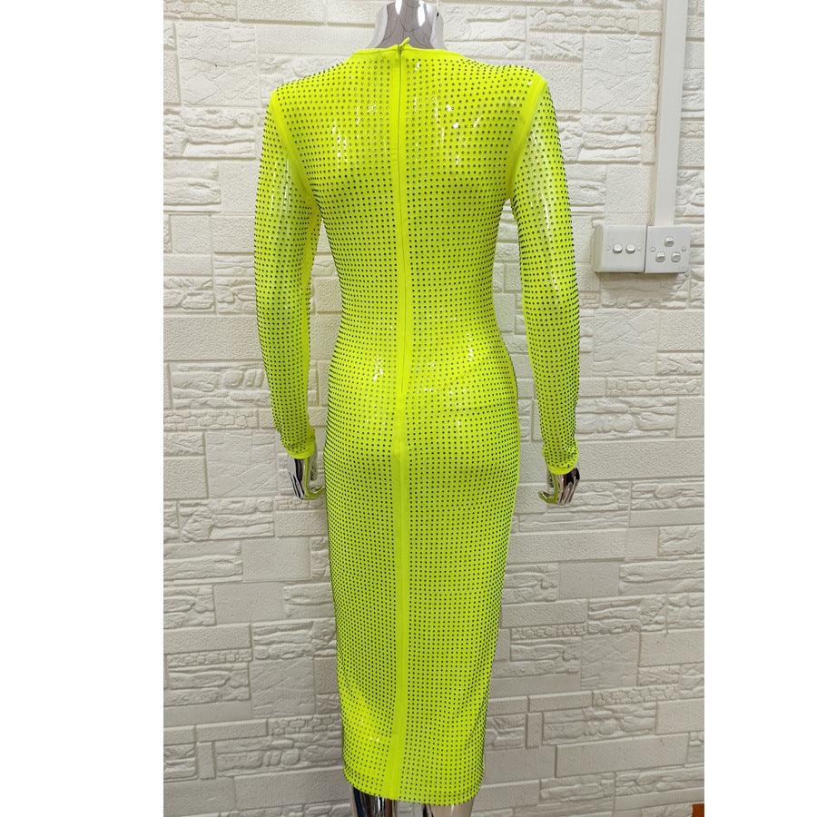 Long Sleeve Heavy Industry Sparkling Full Rhinestone Sheath Tight Elegant Dress - Nioor