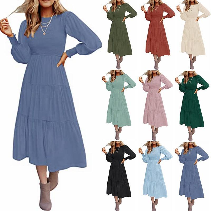 Long Sleeve Pleating Layered Short Sleeve Large Swing Dress - Nioor