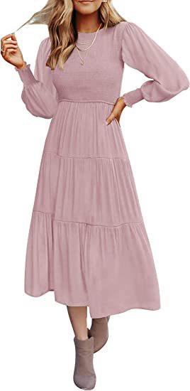 Long Sleeve Pleating Layered Short Sleeve Large Swing Dress - Nioor