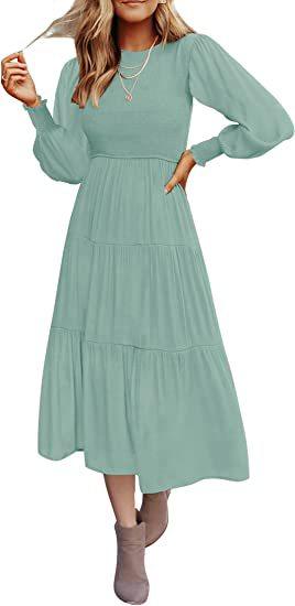 Long Sleeve Pleating Layered Short Sleeve Large Swing Dress - Nioor